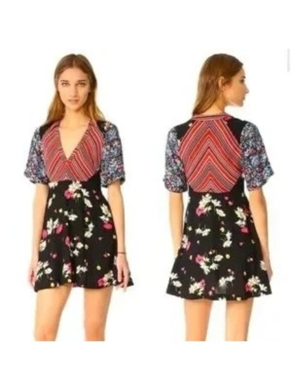 Free People Mix It Up Black Floral Patchwork Mini Dress